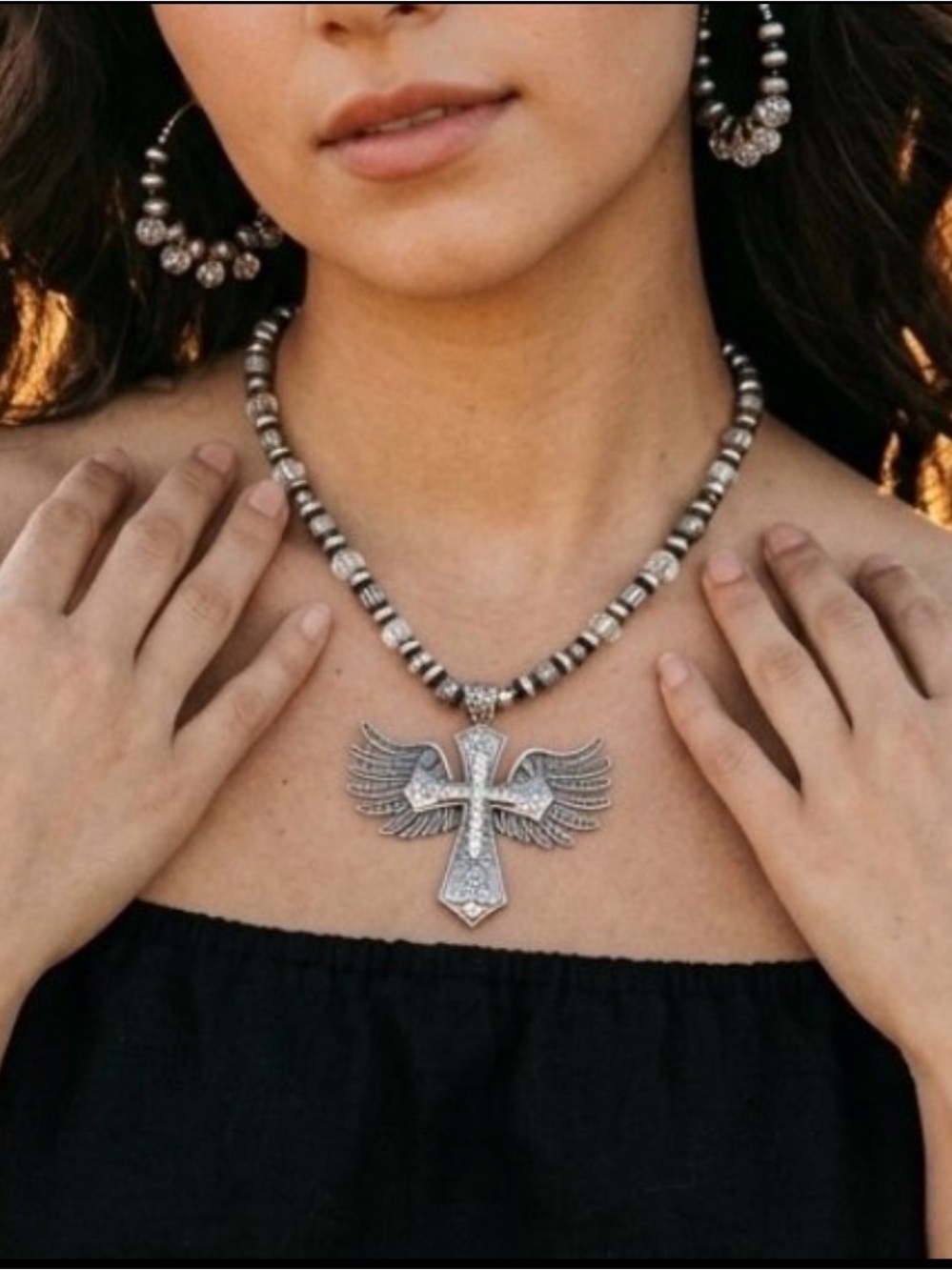 Silver Winged Rhinestone Cross Beaded Necklace - Women's Jewelry